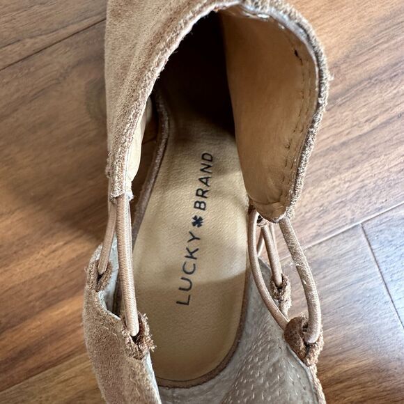 Lucky Brand Reevas Suede Peep Toe Wedge Ankle Booties Shoes Brown Size 7.5 - Picture 7 of 11